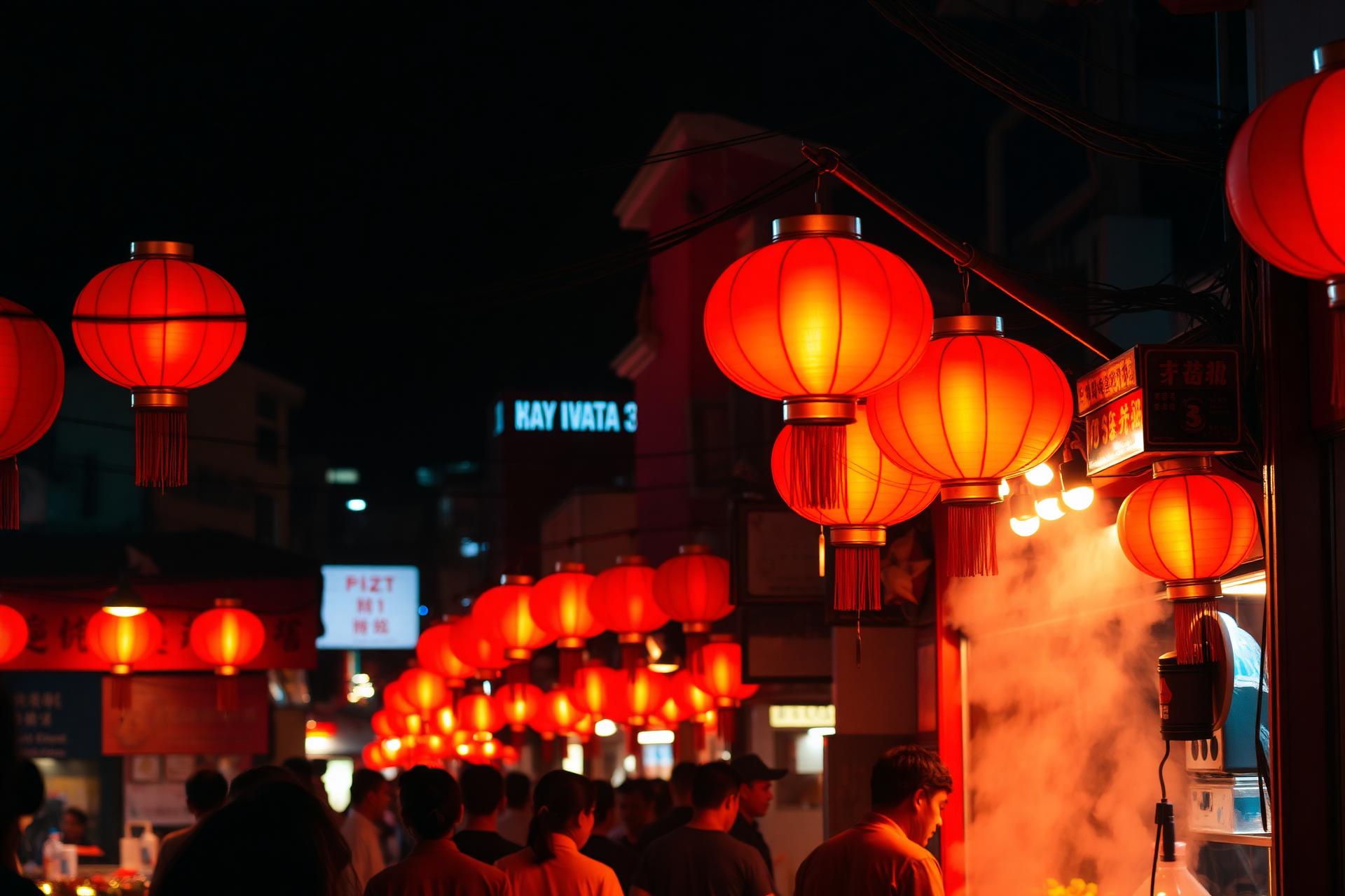 Lanternas vermelhas iluminando um festival de rua asiático